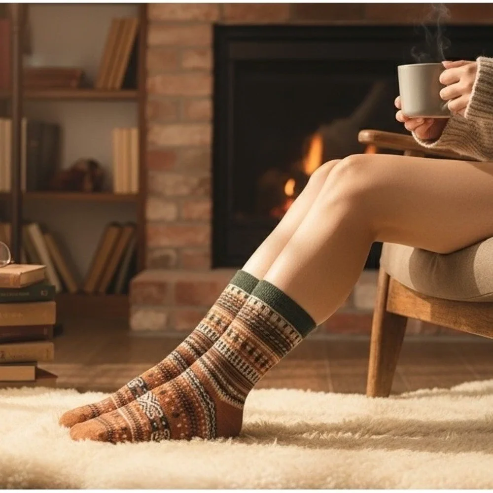 Autumn Spice Retro‎ Mid-Calf Socks 7-10 NEW 5pc Pack Unisex Anti-Slip Elastic